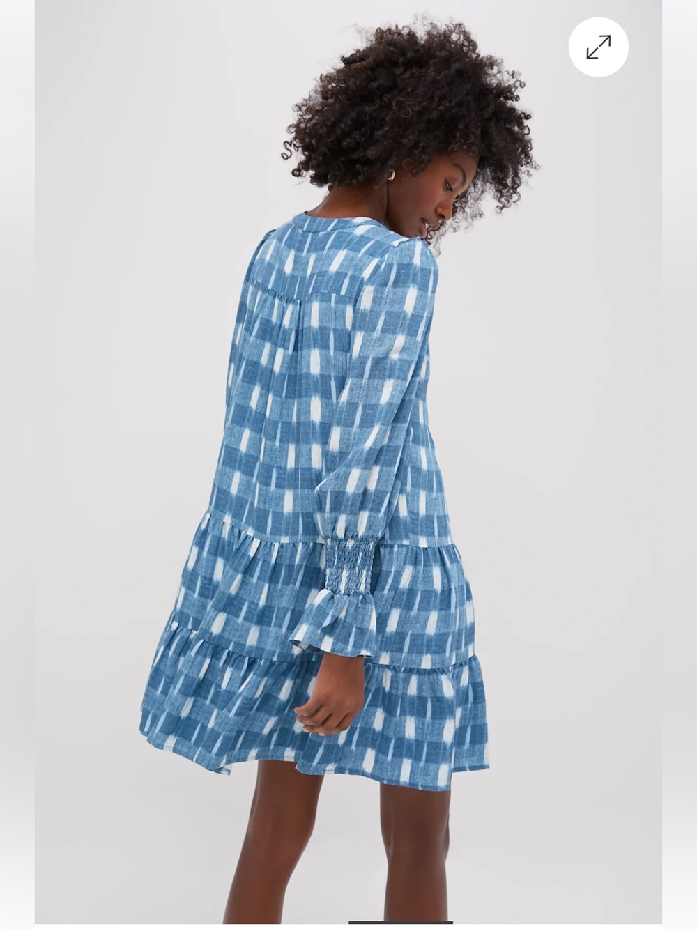 Tuckernuck x Pomander Place Blue Ikat Kenzo Dress Mini Tiered Smocked Cuff Sz L - Picture 4 of 16